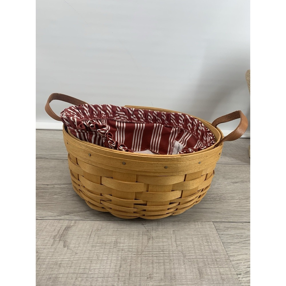 Vintage 1999 LongaBerger Basket 10" Round Leather Strap‎ Handles 2 Liners